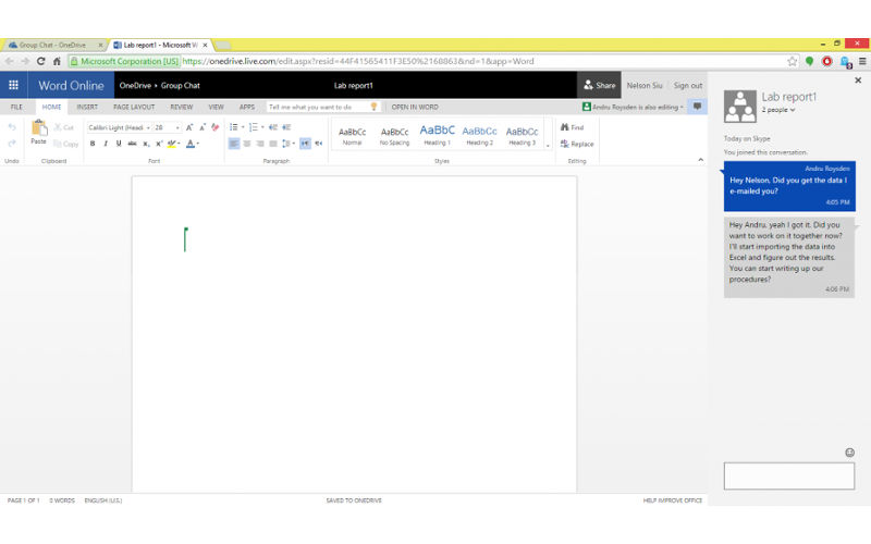 Word Online with Skype, Skype business chats, Skype for the workplace