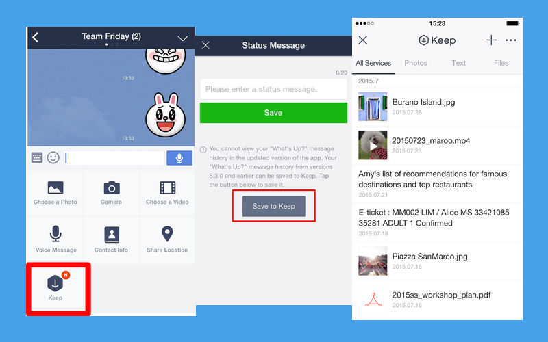 LINE Keep feature, LINE app, chatting with friends